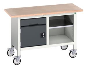 verso mobile storage bench (mpx) with 1 drawer-cbd / mid shelf. WxDxH: 1250x600x830mm. RAL 7035/5010 or selected Verso Mobile Work Benches for assembly and production